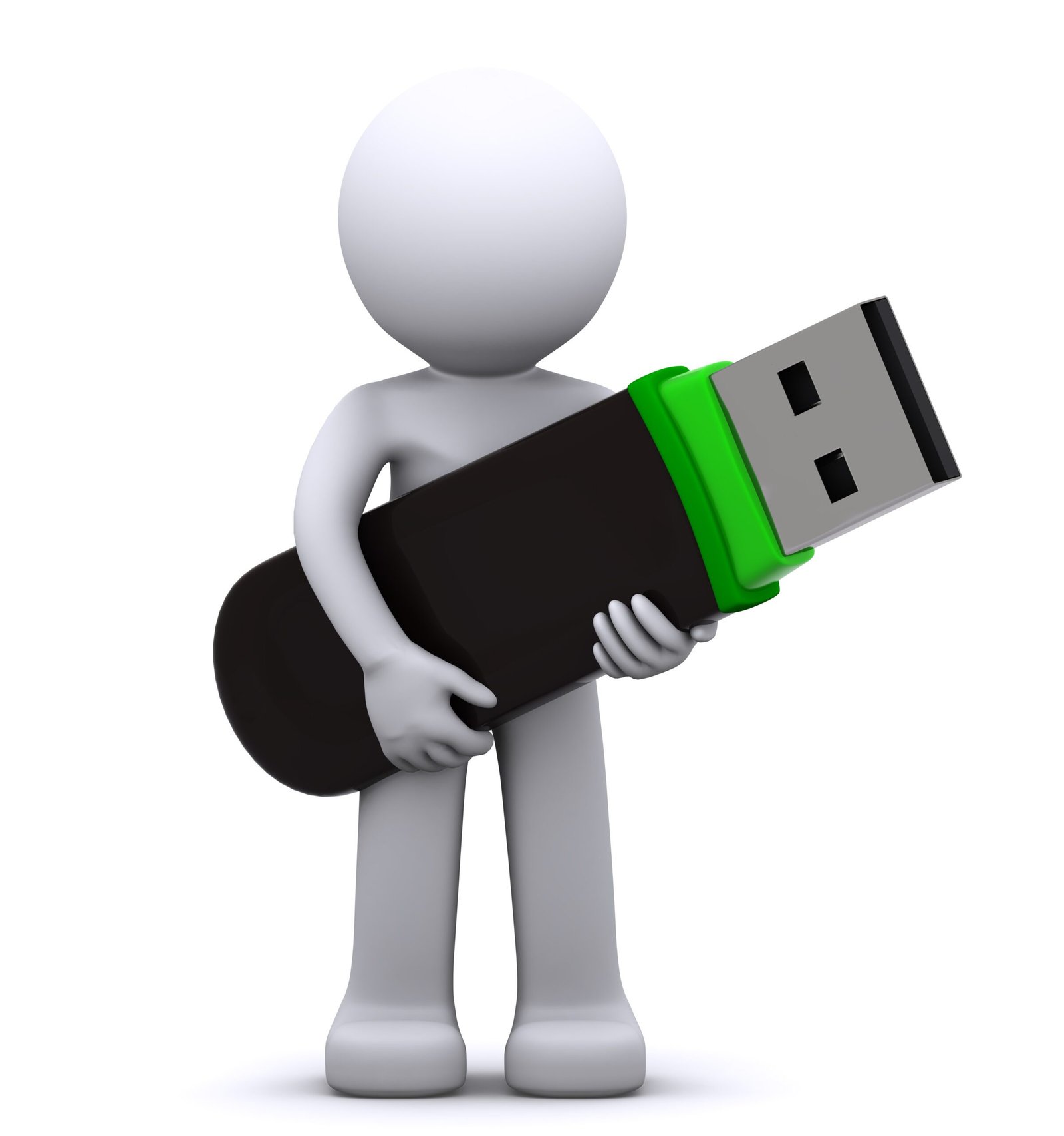 a white cartoon figure holding a USB