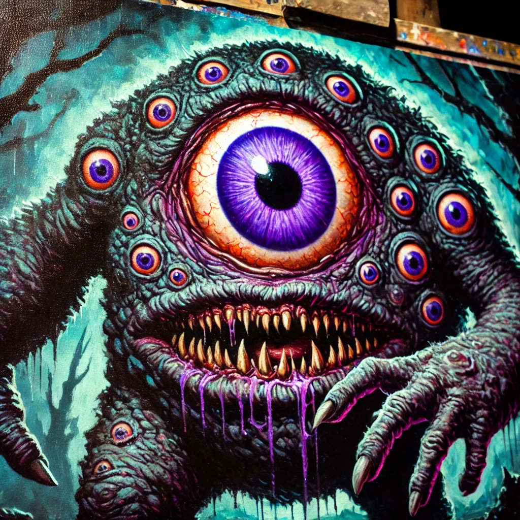 beholderen- a monster with small eyes and one big purple eye in the middle