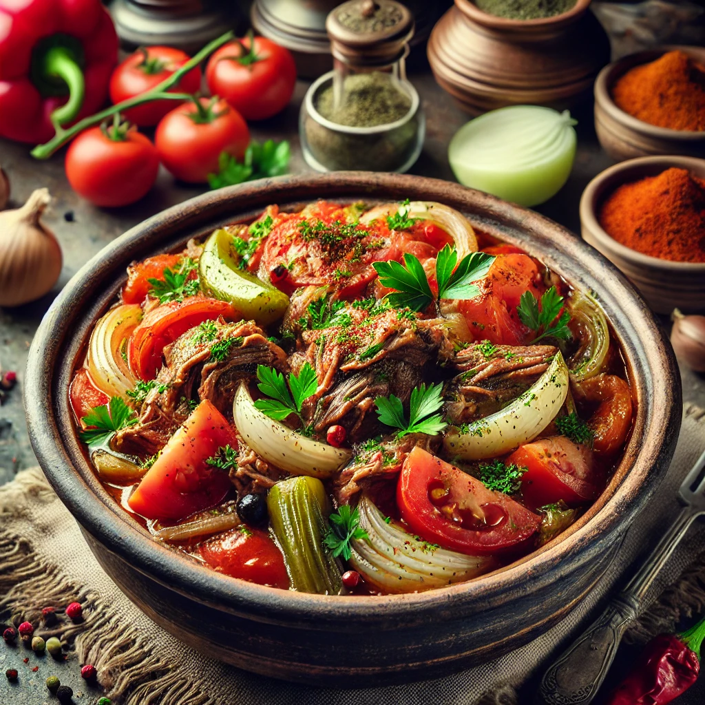 dish served in a rustic clay pot, featuring layers of tender lamb, fresh tomatoes, onions, and bell peppers, slow-cooked to perfection. The top layer is garnished with fresh parsley and a sprinkle of paprika,