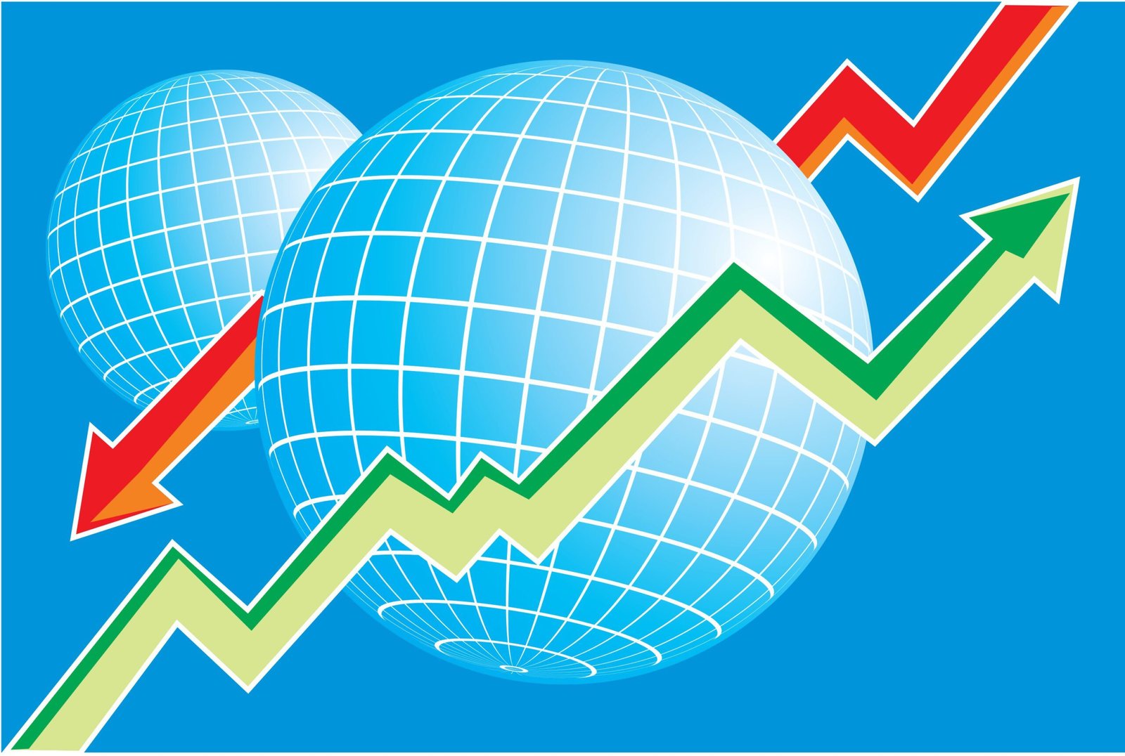 image of two globes with red or green arrows indicating the stock market