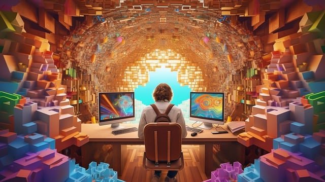 A person at a desk surrounded by colorful geometric shapes, in a creative digital art space showing arcyart artists directory