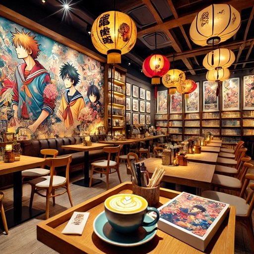 A cozy café with manga art, warm lighting, and a coffee beside a manga book, capturing the "coffeemanga" vibe.