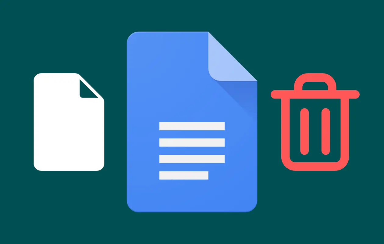 Illustration showing how to delete a page in Google Docs, featuring a Google Docs icon between a blank document and a trash bin, symbolizing the deletion process.