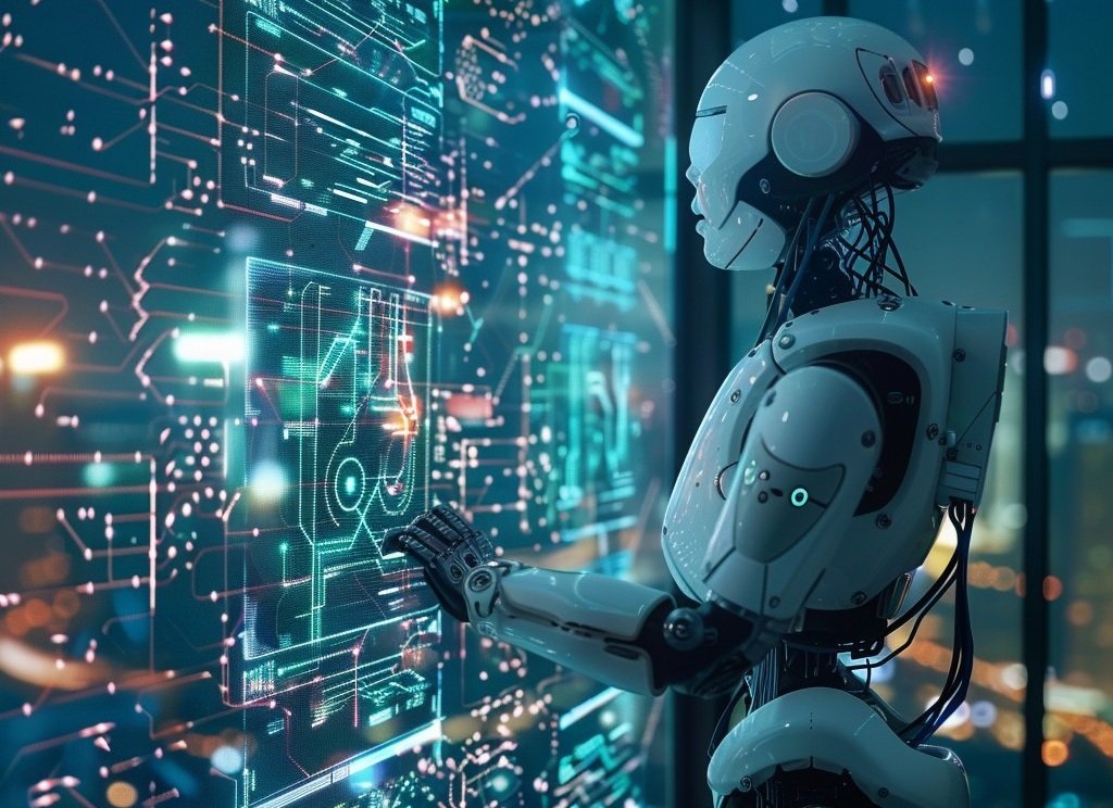 A robot interacting with a digital interface, representing Aiyifan's advanced AI technology.