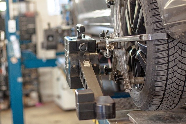 Close-up of a car wheel alignment at Lee Slenbacker Joppa Auto Repair